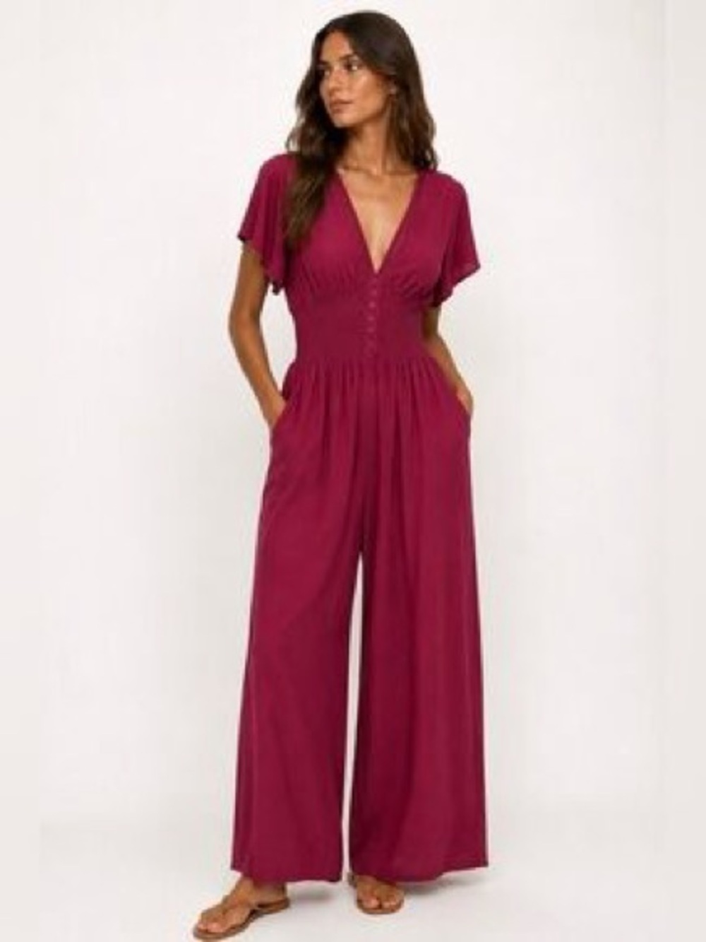 Patrons of Peace Magenta V-Neck Wide-Leg Jumpsuit with Smocked Waist